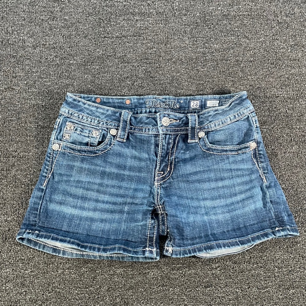 Miss Me Signature Shorts Womens 28 Blue Good Embroidered Sequin Denim Low Rise